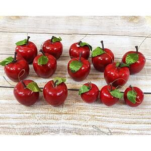 Vtg Lot 14 Mixed Sizes Shiny Red Apple Lacquer Ornaments Green Leaf Christmas